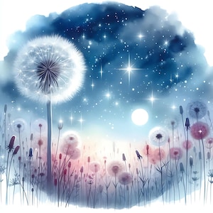 May include: Watercolor painting of a field of dandelions under a starry night sky. The image features a large, fluffy dandelion in the foreground, with smaller dandelions and other plants in the background. The sky is a gradient of blues and purples, with a full moon.