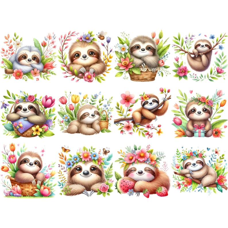 Sloth Spring Roll Spring Sloth Clipart Bundle 12 PNG High Quality Watercolor Floral Sloth ...