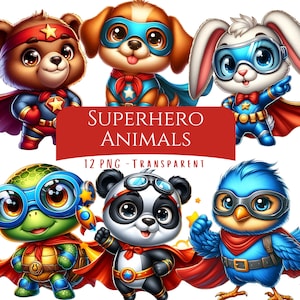 12 PNG, Superhero Animals, Clipart Bundle, Digital Download, Children Printables, Greeting Cards, Paper Crafts, Sublimation Design