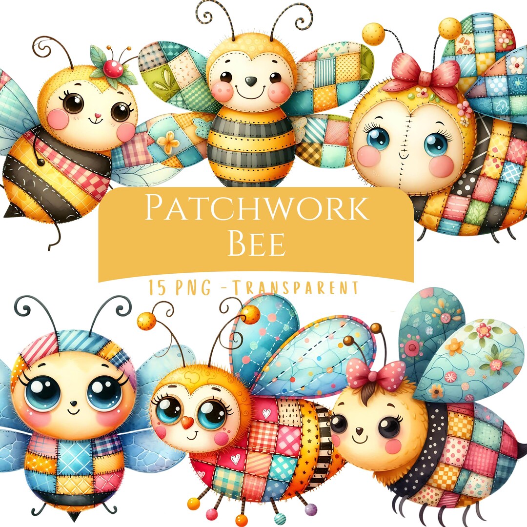 15 Patchwork Bee, Clipart Bundle, Watercolor Clip Art, Whimsical Bee ...