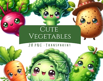 Cute Vegetables Clipart Bundle 28 PNG Happy Vegetable Faces Printable Digital Download Digital Stickers Teachers Printables Food Learning