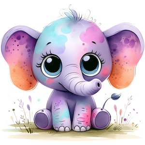 Lot de 15 cliparts JPG petit éléphant fantaisiste aquarelle Safari insolite pastel mignon en téléchargement numérique Clipart imprimable décoration de chambre de bébé fantaisiste