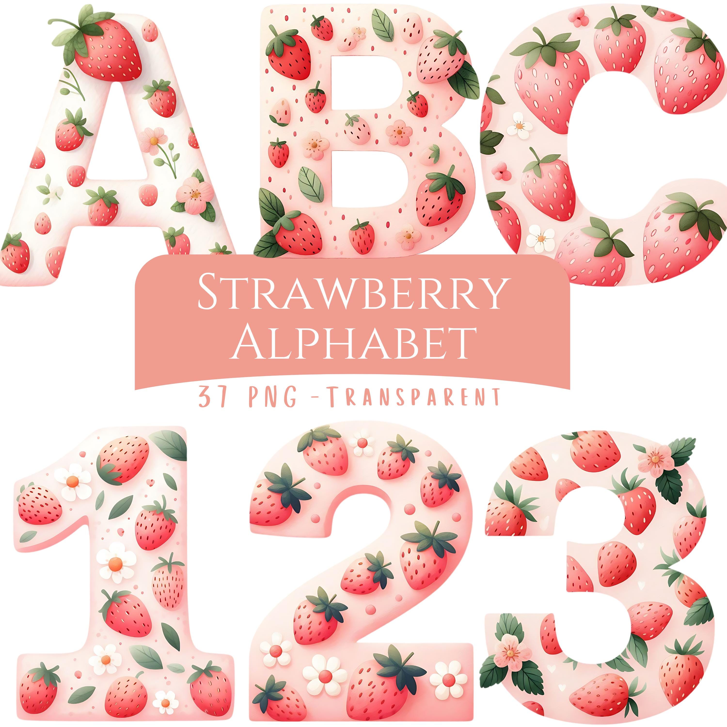 Pacchetto di clipart dell'alfabeto di fragole, 37 PNG, acquerello, bacche, primi numeri, clip art, numeri per torte, lettere di fragole, download digitale