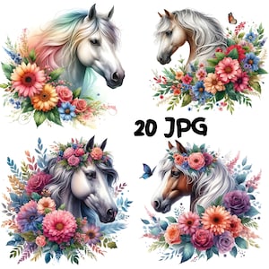 20 JPG Floral Horse Clipart Bundle Watercolor Cute Brown Horse Digital Download Printable Digital Paper Pages Horse Lover Decor Scrapbooking