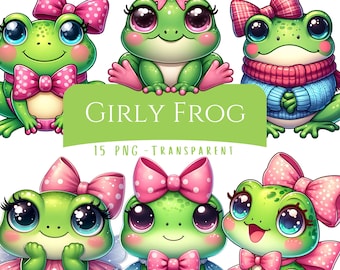 Girly Frog Clipart Bundle 15 PNG High Quality Cute Watercolor Frog Digital Download Frog Lover Printable Cards Digital Coquette Frog Graphic