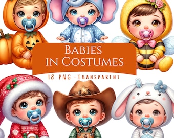 Paquete de imágenes prediseñadas de bebés disfrazados, 18 archivos PNG digitales, lindos chupetes para bebés, imágenes prediseñadas de guardería para bebés adorables, imágenes PNG de diario basura