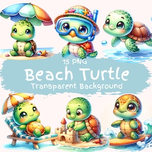 Strand Schildkröte Clipart Bundle 15 PNG Aquarell Meeresschildkröte digitale Download-Dateien niedlichen Sommer Tag Clip Art Baby Schildkröte digitale Basteln Kunst