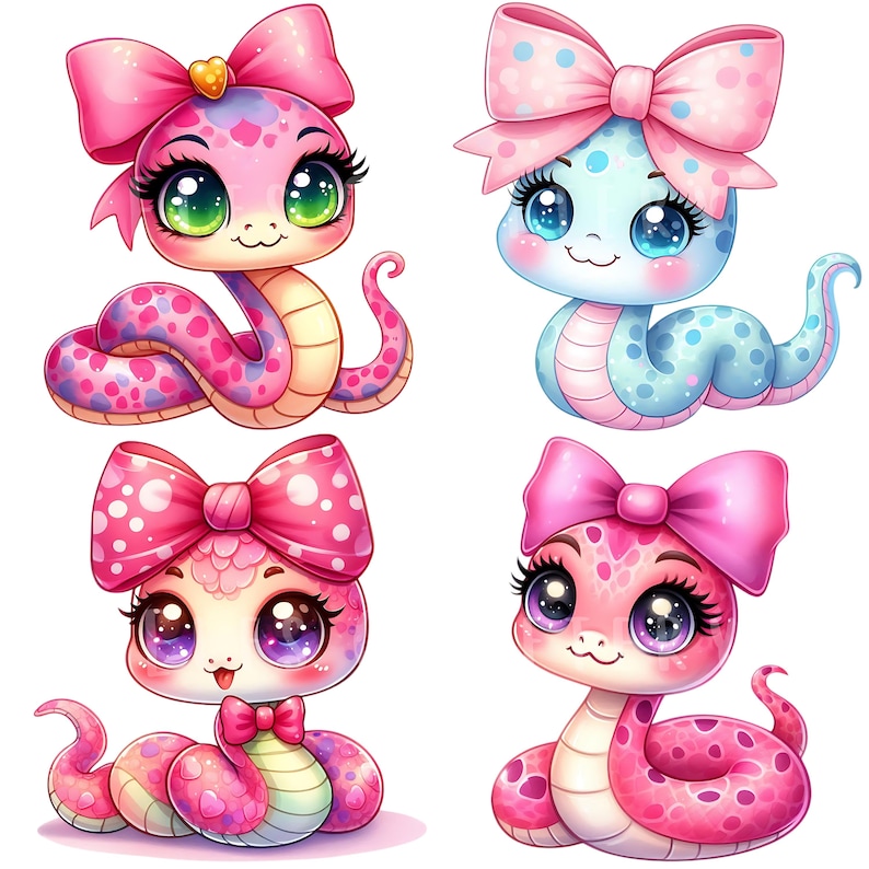 Girly Snake Clipart Bundle 15 PNG High Quality Cute Watercolor Pink Snake Digital Download Printable Art Files Pastel Color Reptiles Pngs image 6
