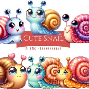 Cute Snail Clipart Bundle 15 PNG High Quality Cartoon Baby Snail Digital Download Printable Stickers Snail Lover Clip Art Preschool Friends