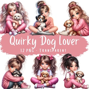 Ensemble de cliparts original pour amoureux des chiens 12 PNG haute qualité mignon cheveux en désordre fille adorable chiot original maman téléchargement numérique graphiques fichiers imprimables