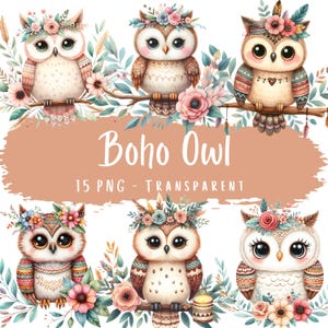 Lot de 15 cliparts hibou bohème PNG haute qualité aquarelle hibou des bois en téléchargement numérique mignons animaux bohèmes bébé hibou Images imprimables Scrapbook