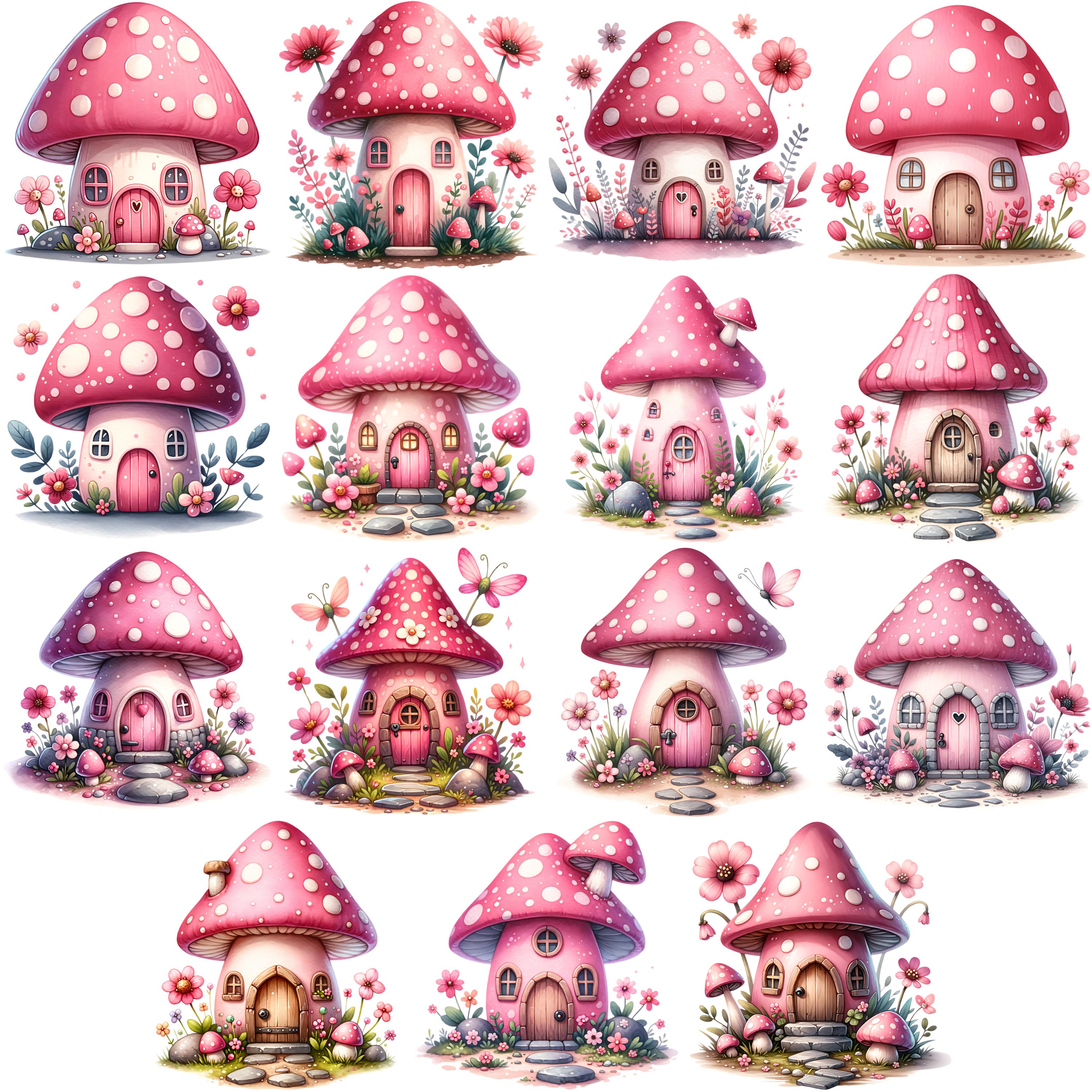 Pink Mushroom House Clipart Bundle 15 PNG High Quality Watercolor ...