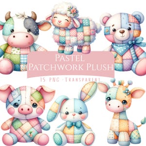 Paquete de 15 imágenes prediseñadas de animales de peluche con diseño de patchwork pastel, de alta calidad, con acuarela, para guardería, manualidades digitales.