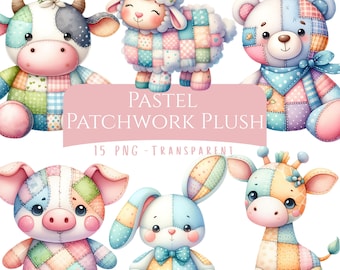 Pastel Patchwork Plush Animal Clipart Bundle 15 PNG High Quality Watercolor Nursery Patchwork Animals Clip Art Pack Cute Digital Crafts