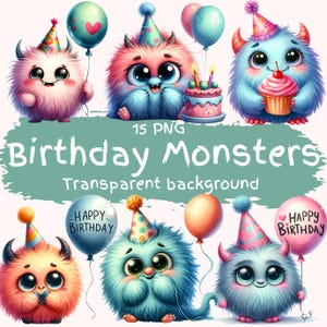 Geburtstag Monster Clipart Bundle 15 PNG Aquarell süße flauschige Monster Digital Download DIY Kartenherstellung Kinder Geburtstag Party Dekor Printables