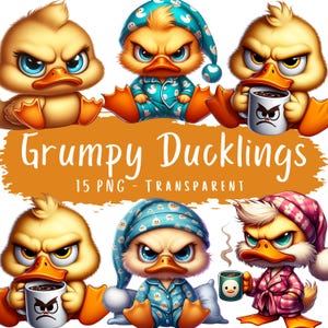Bundle de cliparts canetons grincheux 15 PNG haute qualité canard du matin insolite mignon en téléchargement numérique Imprimable en papier Artisanat Dingo bébé canard café