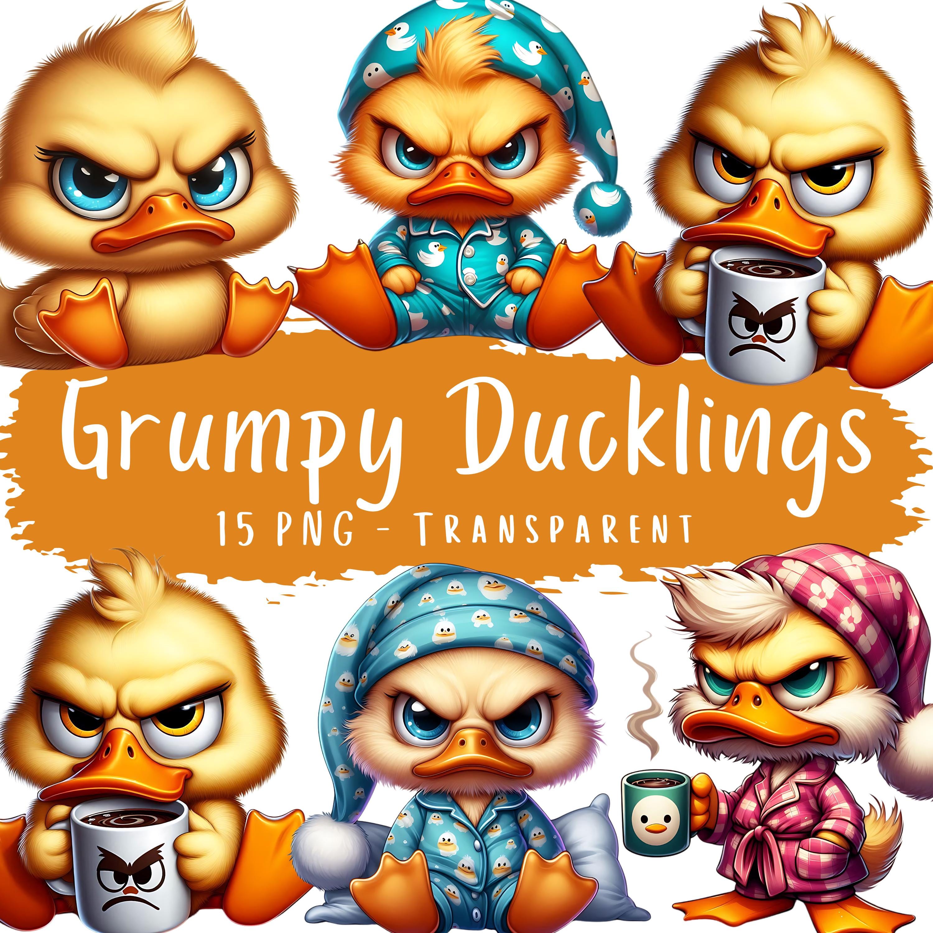 Grumpy Ducklings Clipart Bundle 15 PNG High Quality Cute Quirky Morning Duck Digital Download Printable Paper Crafts Goofy Baby Duck Coffee