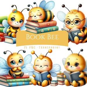 Può includere: Una collezione di illustrazioni di api dei cartoni animati con libri. Le api sono gialle e nere, con ali blu, e alcune indossano occhiali. È presente anche il testo "BOOK BEE" e "15 PNG - TRANSPARENT".