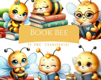 Paquete de 15 imágenes prediseñadas de abejas de libros, PNG de alta calidad, lindas abejas de acuarela, descarga digital, tarjetas imprimibles de abejas bebés, gráficos digitales para el regreso a clases.