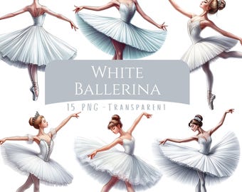 White Ballerina Clipart Bundle 15 PNG Watercolor Ballet Dancer Digital Download Art Files Elegant White Swan Ballerina Digital Graphics PNGs