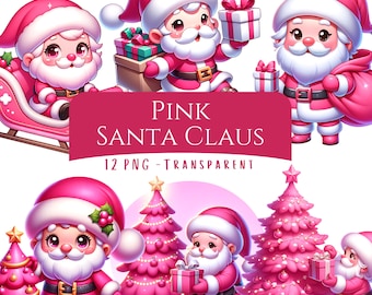 Pink Santa Claus Clipart Bundle 12 PNG Chibi Santa Art Cute Cartoon Santa Christmas Designs Digital Printable Stickers Junk Journal Images
