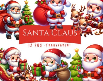 Santa Claus Clipart Bundle 12 PNG Christmas Santa Digital Art Cartoon Christmas Character Santa Delivering Gifts Xmas Sublimation Design