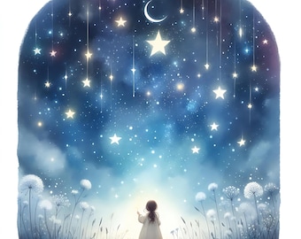15 JPG Starry Night Girl Digital Art Bundle Watercolor Magical Night Stars Landscape Digital Download Celestial Dreamy Stargazing Child JPGs