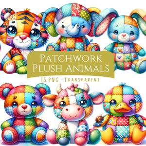 Patchwork Plush Animals Clipart Bundle 15 PNG High Quality Watercolor ...