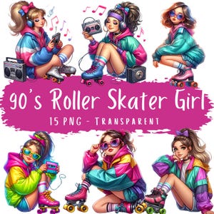 Paquete de imágenes prediseñadas de chica patinadora de los años 90, 15 archivos PNG, paquete de arte digital de los años 90, imágenes de lindas chicas patinando, gráficos retro, imágenes de revistas basura