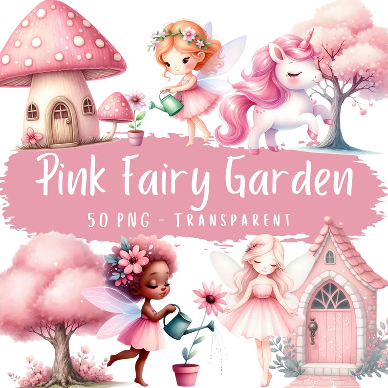 Pink Fairy Garden Clipart Bundle 50 PNG High Quality Watercolor Fairy ...