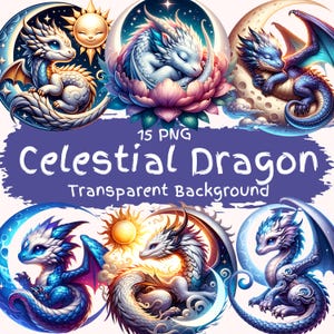 Ensemble de 15 cliparts Dragon céleste, fichiers PNG mignon bébé dragon au clair de lune, créatures de la galaxie fantastique, pack d'art numérique imprimable, usage commercial
