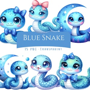 Blue Snake Clipart Bundle 15 PNG High Quality Cute Watercolor Snake Digital Download Printable Nursery Pastel Baby Shower Celestial Snake