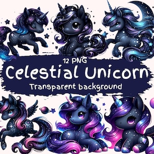 Himmlische Einhorn Clipart Bundle 12 PNG hohe Qualität Cartoon niedlich dunkel Raum Galaxy Fantasy Einhorn digitaler Download druckbare Aufkleber Pngs