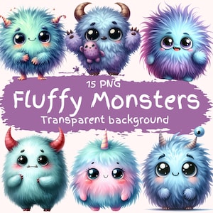 Pluizige monsters clipartbundel 15 png hoge kwaliteit aquarel schattig klein monstertje digitale download DIY kaart maken kinderfeest printables