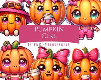 Pumpkin Girl Clipart Bundle 15 PNG High Quality Cute Cartoon Halloween Pumpkin Sublimation Digital Download Pink Halloween Character Images