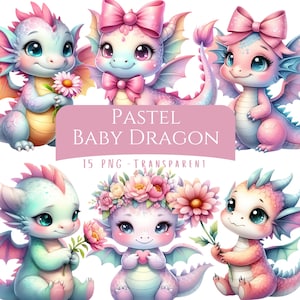 May include: A collection of six pastel-colored baby dragon illustrations. The dragons feature pink, blue, and white scales, large eyes, and some are adorned with flowers or bows. The text "PASTEL BABY DRAGON" is displayed.