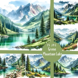 15 JPG Green Mountain Lake Digital Art Bundle Watercolor Painting Landscape Digital Download Water Lake Dreamy Nature Hike Printable Pages