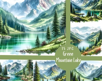 15 JPG Green Mountain Lake Digital Art Bundle Watercolor Painting Landscape Digital Download Water Lake Dreamy Nature Hike Printable Pages