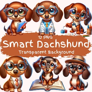 Smart Dachshund Clipart Bundle 12 PNG Cute Dachshund with Glasses Clip Art Dog Png Bundle Adroable Cartoon Puppy Graphics Digital Crafting