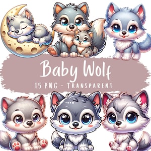 Baby Wolf clipart bundel 15 PNG transparante hoge kwaliteit bestanden Wolf Howling at the Moon Cartoon Woodland Wolf Clip Art commercieel gebruik