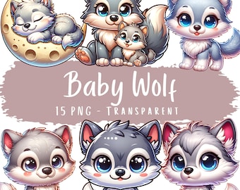 Paquete de imágenes prediseñadas de bebé lobo: 15 archivos PNG transparentes de alta calidad. Lobo aullando a la luna. Imágenes prediseñadas de lobo del bosque de dibujos animados. Uso comercial.