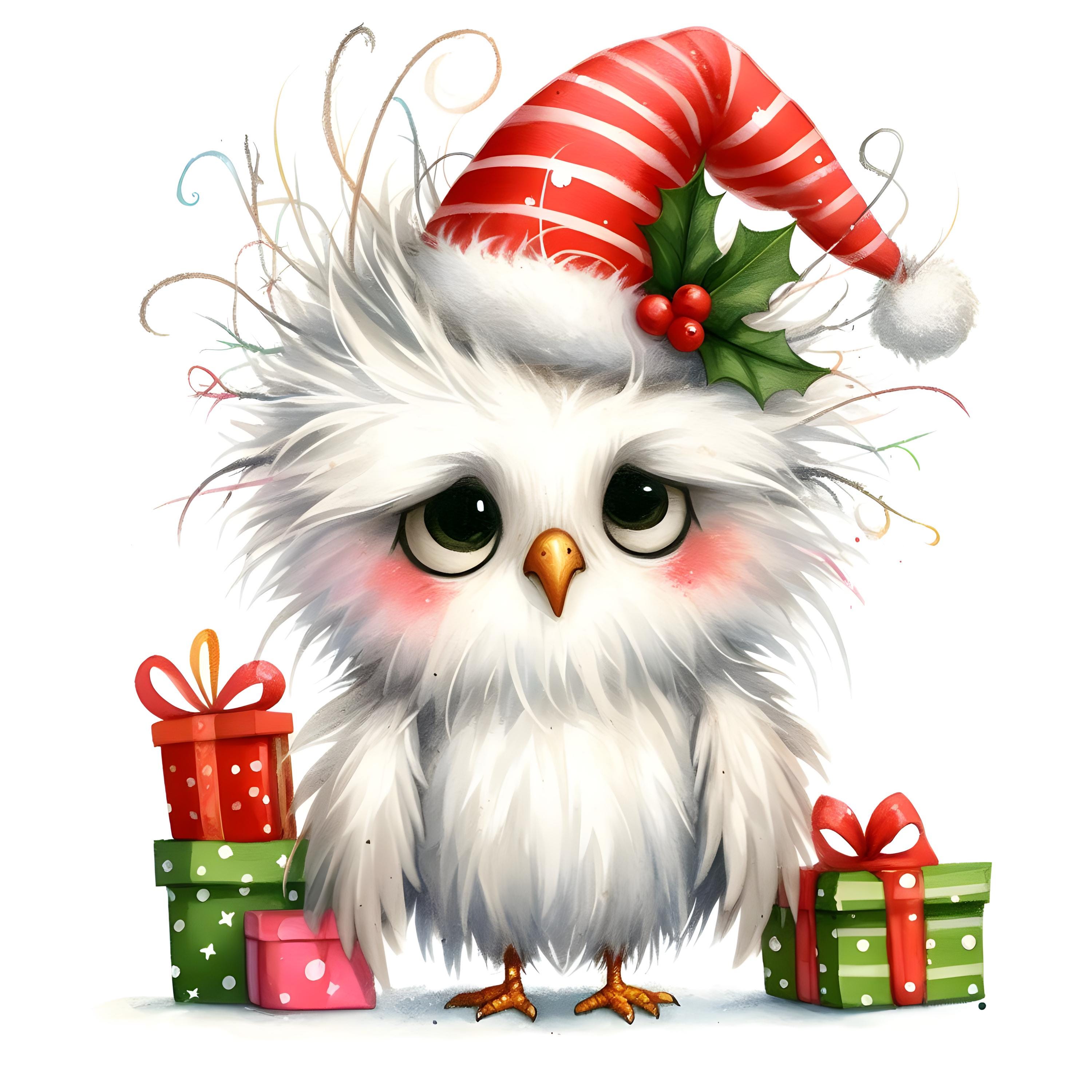 15 JPG Quirky White Christmas Owl Clipart Bundle Watercolor Funny Christmas Printable Quirky Bird Im