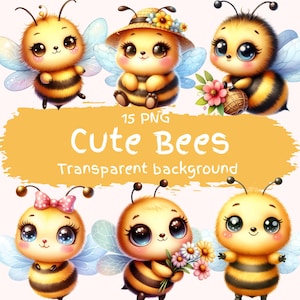 Cute Bees Clipart Bundle 15 PNG High Quality Watercolor Honey Bumble Bee Digital Download Files Cute Bee Art Honeycomb Scrapbooking Graphics