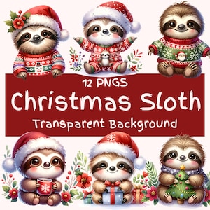 Lot de 12 cliparts de paresseux de Noël de haute qualité, images clipart aquarelle de paresseux sur le thème de Noël, parfaites pour vos projets de Noël