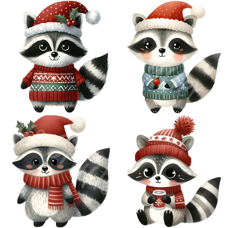 Winter Racoon Project 15 JPG Christmas Racoon Clipart Bundle Watercolor Christmas Printable ...
