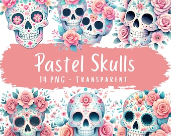 Pastel Skulls Clipart Bundle 14 PNG High Quality Watercolor Pastel Floral Skull Fantasy Digital Download Sweet Sugar Skull Printable Sticker