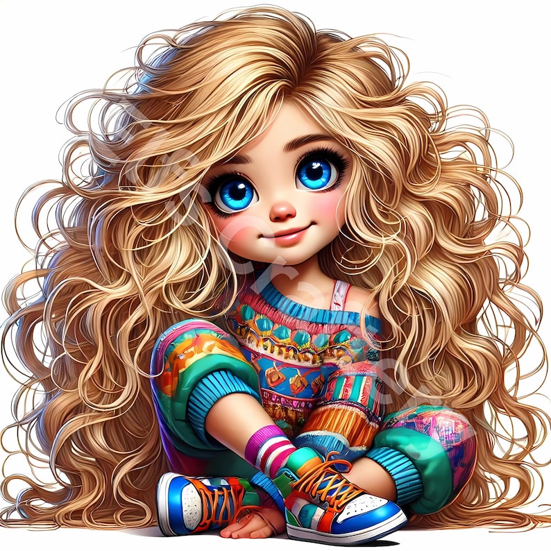 May include: A digital illustration of a cartoon character with long, wavy blonde hair and bright blue eyes. The character is wearing a colorful sweater, pants, and sneakers. The sneakers are blue, white, and orange. The character is sitting with their legs crossed.