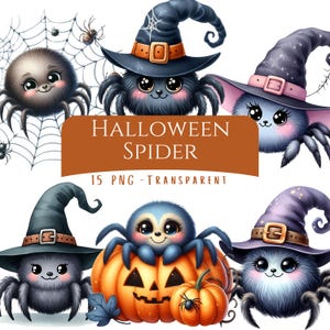 Może przedstawiać: Cyfrowa ilustracja przedstawiająca kilka kreskówkowych pająków w czapce czarownicy i dyni. Obraz zawiera tekst "Halloween Spider" i "15 PNG - Transparent". Pająki mają urocze twarze.