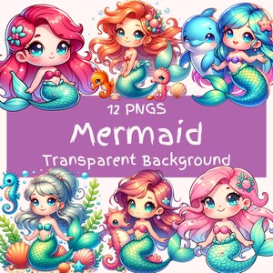 Sirène Clipart Bundle 12 fichiers numériques PNG Sirène mignonne avec hippocampes, coquillages et dauphins Imprimable autocollants Clipart usage commercial