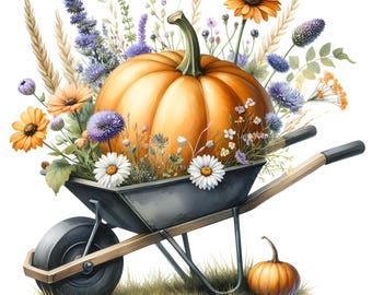 15 JPG Blooming Pumpkin Wheelbarrow Watercolor Fall Season Pumpkin Garden Digital Download Thanksgiving Clipart Autumn Garden Journal Images